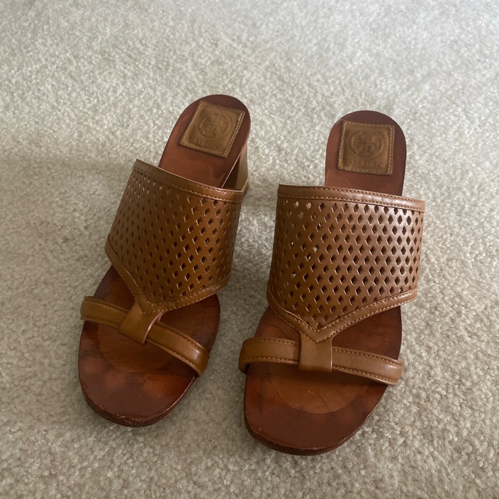 Tory Burch Brown Leather Sandals with Woven Design